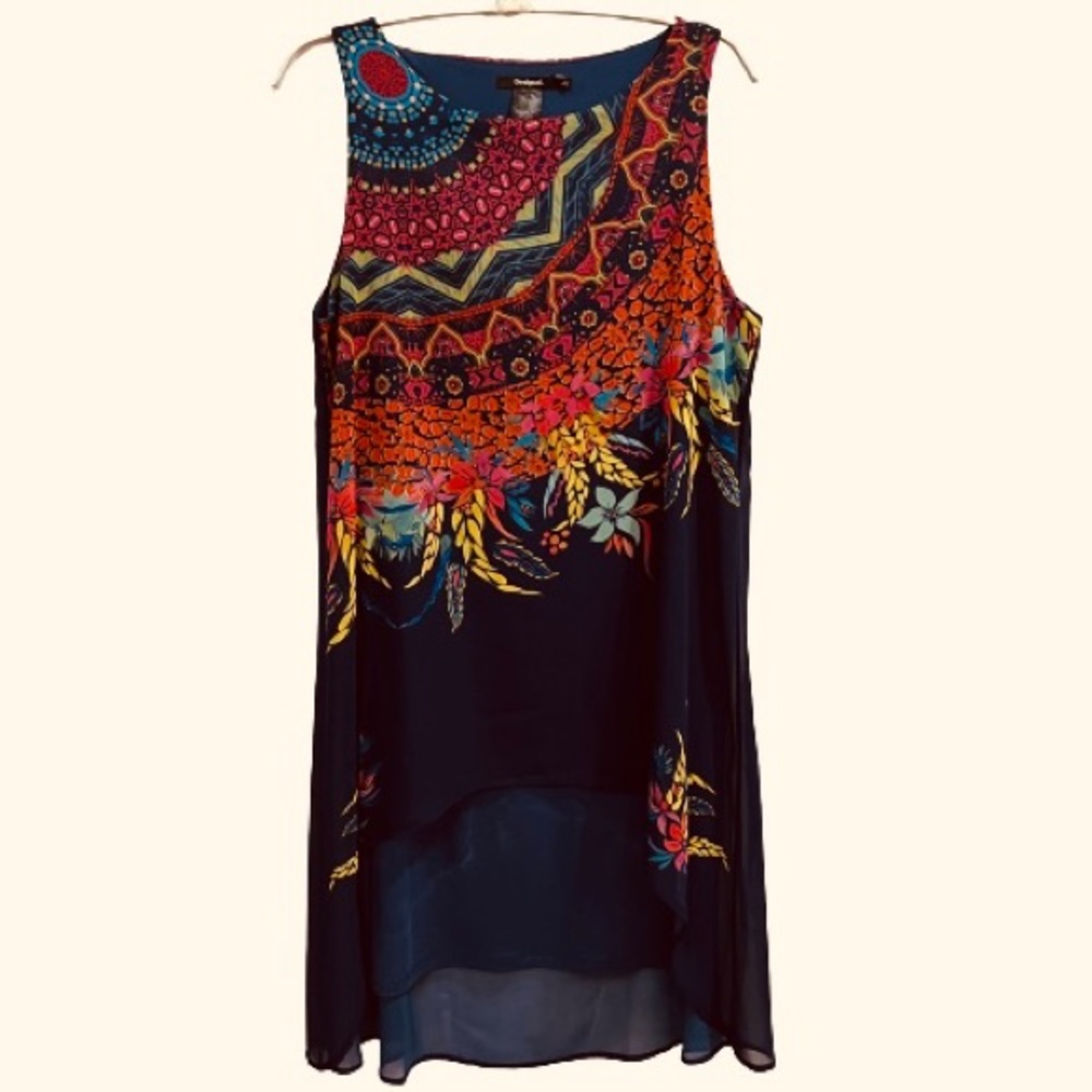 Desigual Dress Brightly Printed Chiffon Layer Over Solid Polyester Knit